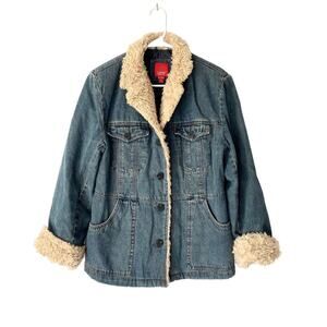 Esprit Penny Lane Denim Sherpa Trim Jean Coat Jacket size large quilted